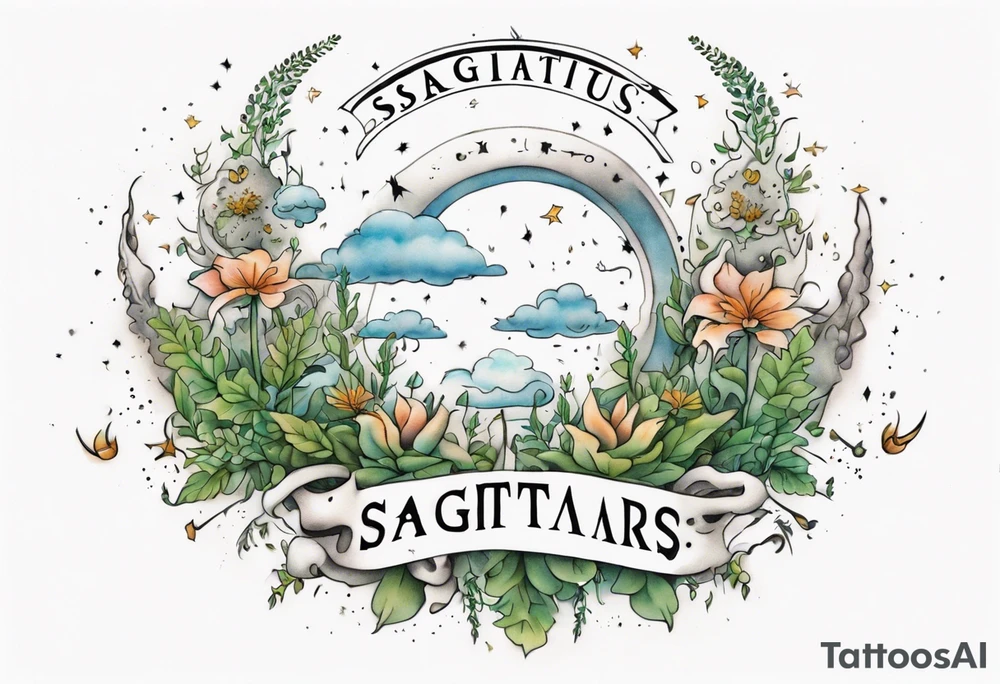 a forearm tattoo with a cloud with little plants around the word sagittarius and underneath it the date 12.08.05 tattoo idea