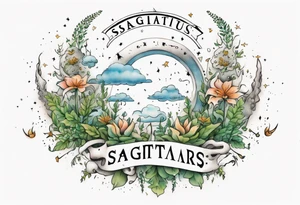 a forearm tattoo with a cloud with little plants around the word sagittarius and underneath it the date 12.08.05 tattoo idea