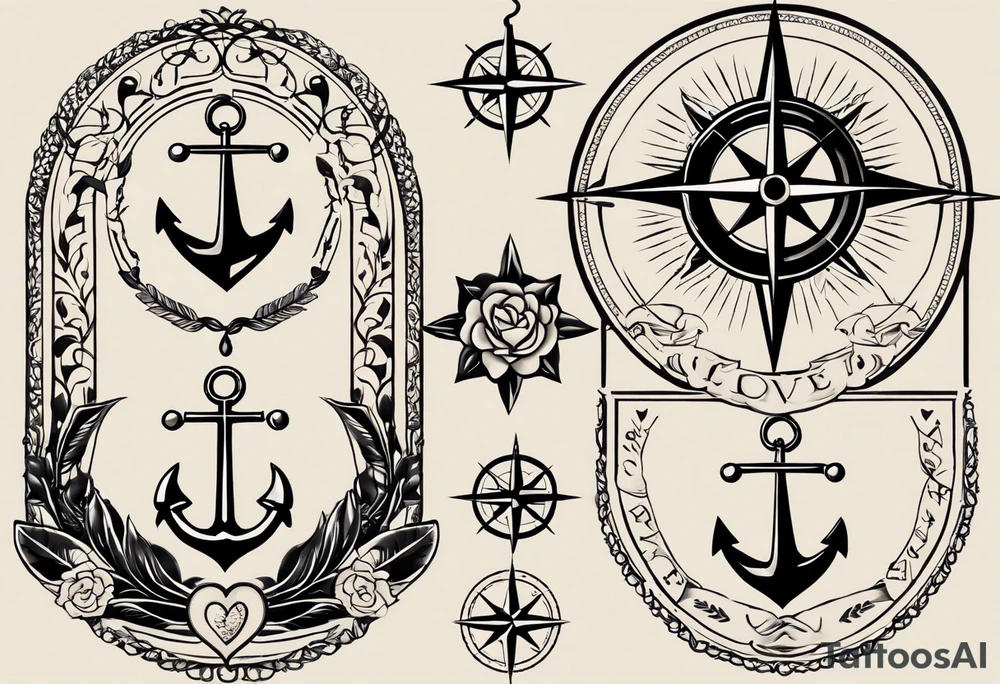 Tattoo Design Layout
Central Element: A compass as the main focal point, symbolizing guidance and direction.
Symbol Placement and Details
Anchor (Strength): Positioned at the bottom left of the design, symbolizing strength and resilience with a grounded presence.
Heart (Love): Placed near the top left, representing love as a core value.
Olive Branch (Peace): Positioned on the top right, using soft, flowing lines to convey calmness and peace.
Open Hand (Kindness): Located at the bottom right, symbolizing kindness and generosity with a welcoming gesture.
Lotus Flower (Compassion): Positioned near the compass to represent compassion and personal growth.
Chain Link (Loyalty): Integrated as a border or framing element, symbolizing unbreakable bonds and loyalty.
Sun (Goodness): Placed above or behind the compass, symbolizing light, warmth, and goodness.
Clear Open Eye (Honesty): Near the compass, symbolizing insight and transparency. tattoo idea