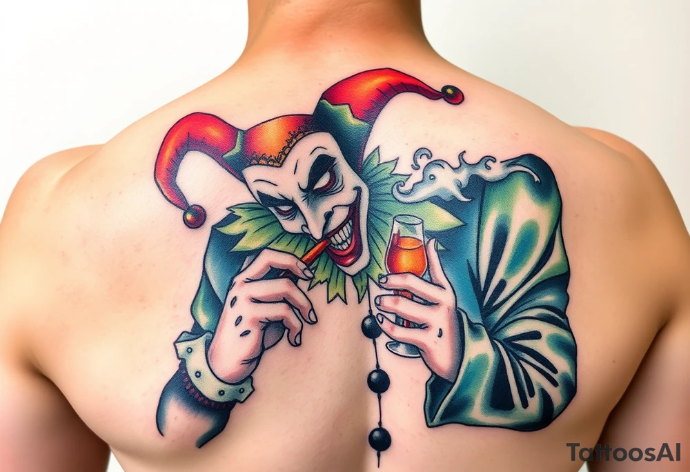 jester smoking and drinking tattoo idea