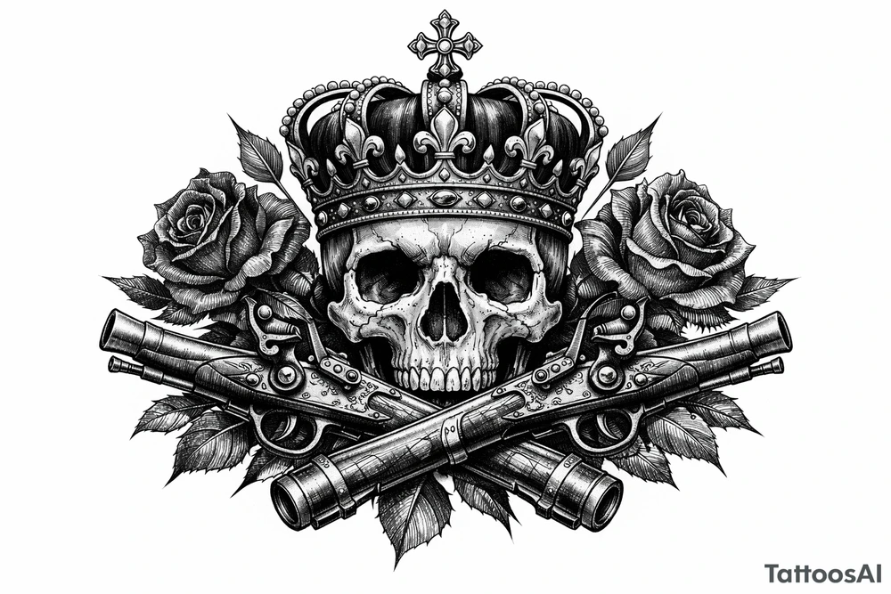 Skull with a regal crown, crossed flintlock pistols, and dark red roses. tattoo idea