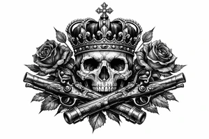 Skull with a regal crown, crossed flintlock pistols, and dark red roses. tattoo idea