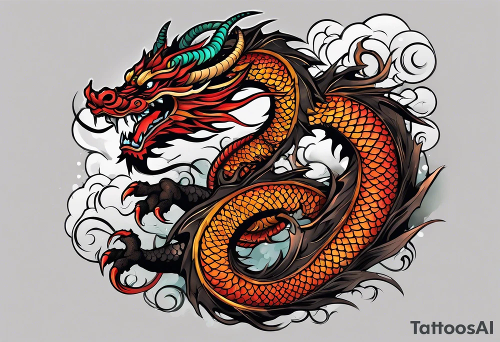 An epic floating asian dragon. Its long body coiling dynamically, with scales and horns detailed to create a sense of movement and strength. The dragon's color is giving a vibrant depth and a mystical aura. This tattoo highlights the dragon’s fierce expression and sharp claws. tattoo idea