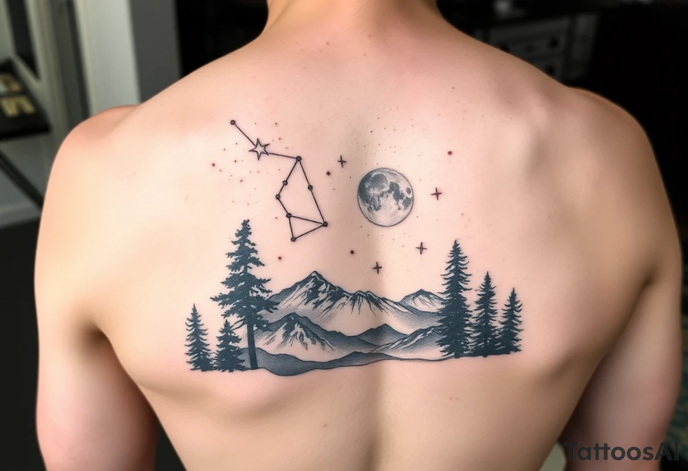 Night sky with a constellations and, stars and moon seen through a frame of natural landscape
silhouette tattoo idea