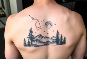 Night sky with a constellations and, stars and moon seen through a frame of natural landscape 
silhouette tattoo idea