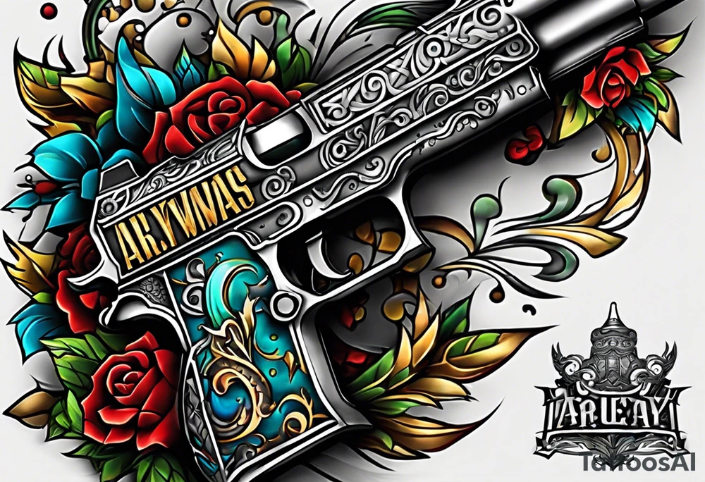 The letters AR with a pistol on each side and the word always on the top and the word ready on the bottom tattoo idea