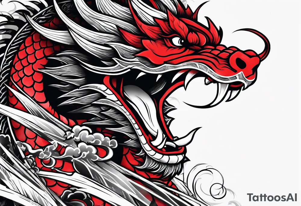 dragon irezumi arm sleeve in black and red tattoo idea