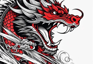 dragon irezumi arm sleeve in black and red tattoo idea
