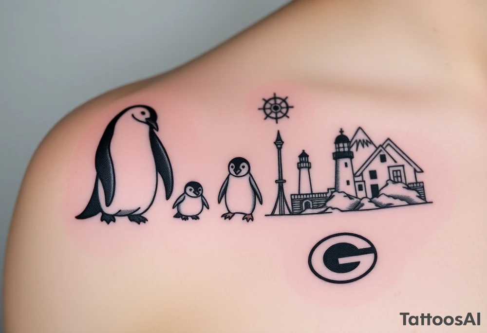 compilation outlining important things in my life such as one adult emperor penguin and 3 baby penguins, celtic trinity knot, lighthouse, mountains/nature, the green bay packers, and something to represent my 3 boys tattoo idea