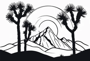 A dessert with joshua trees transitioning to pine trees and mountains tattoo idea