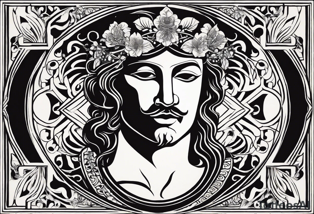 "Craft a minimalist tattoo design in the style of ancient Greek art, featuring Dionysus with his affection for theater. Depict Dionysus in a simplified yet elegant form, reminiscent of classical Greek sculpture, holding a theatrical mask and a goblet of wine. Surround him with subtle geometric patterns or motifs inspired by ancient Greek pottery, such as meanders or key patterns. Ensure the design maintains a minimalist aesthetic while incorporating elements that evoke the sophistication and timelessness of Greek art, capturing Dionysus's connection to both wine and theater in a visually striking manner." tattoo idea