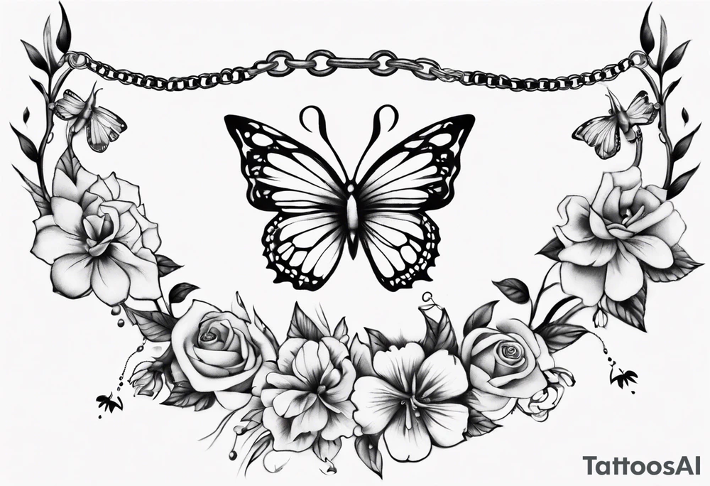 Ankle bracelet tattoo with flowers and butterflies and larger in the centre tattoo idea