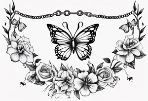 Ankle bracelet tattoo with flowers and butterflies and larger in the centre tattoo idea