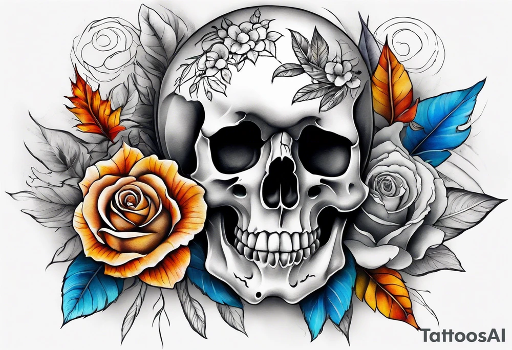 Front knee tattoo with fall colors, small flowers, rose, dvil skull, leaves, blue water flows with washes and background tattoo idea