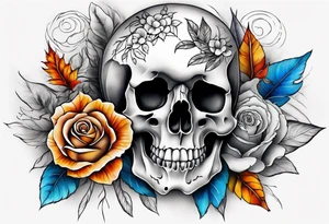 Front knee tattoo with fall colors, small flowers, rose, dvil skull, leaves, blue water flows with washes and background tattoo idea