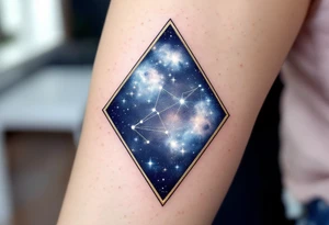 A Sagittarius constellation inside a geometric diamond frame with navy and silver nebula effects in the background. tattoo idea