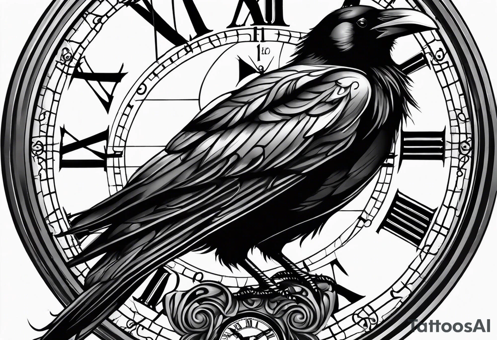 raven perched on clock tattoo idea