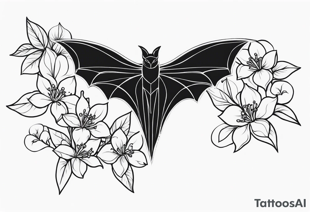 Shoulder and collarbone tattoo of a vibe of night-blooming Jasmine with a bat hanging from one of the stems tattoo idea