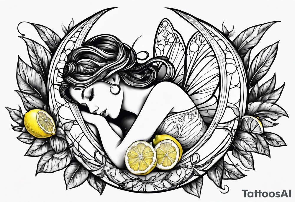 Fairy asleep on half a lemon tattoo idea