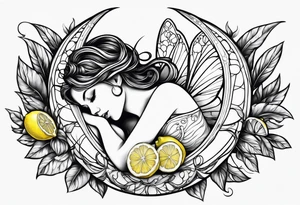 Fairy asleep on half a lemon tattoo idea