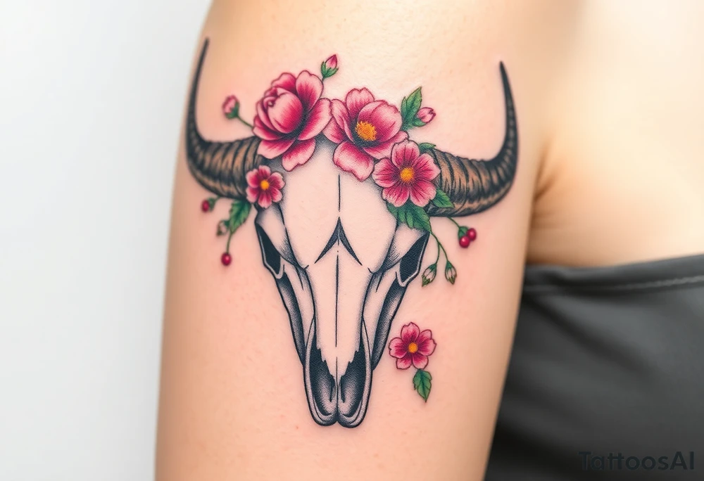 Buffalo skull with flowers. Peony, snowdrop, holly with berries, larkspur, peony. Colour. For upper arm. Masculin. 2:1 aspect

Have one peony and snowdrop above horns. Have holly with berries, larkspur, peony below horns. tattoo idea