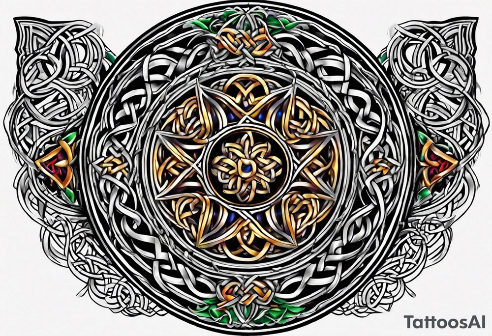 Small circular 3d colored shoulder Celtic tattoo tattoo idea