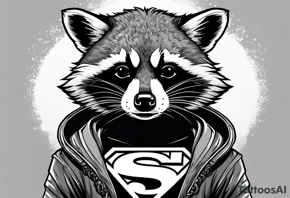 raccoon wearing a Superman hoodie tattoo idea