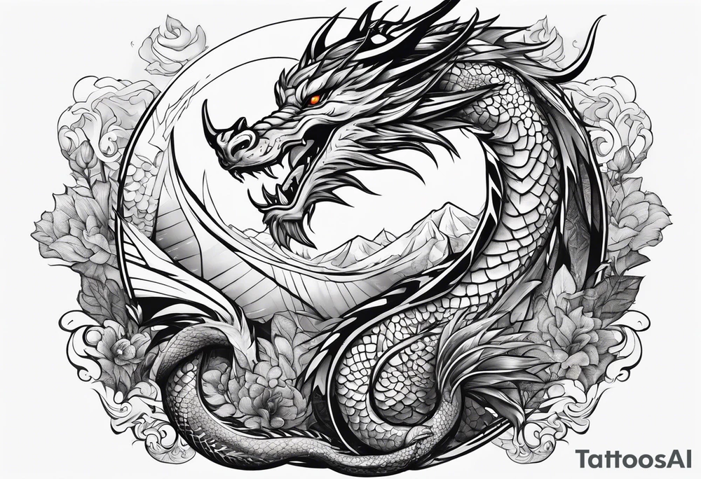 Dragon with Seven shape with full moon on background tattoo idea