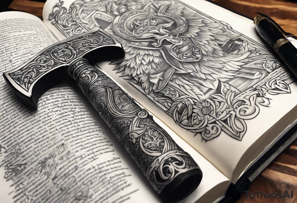An opened bible with a battle Axe tattoo idea