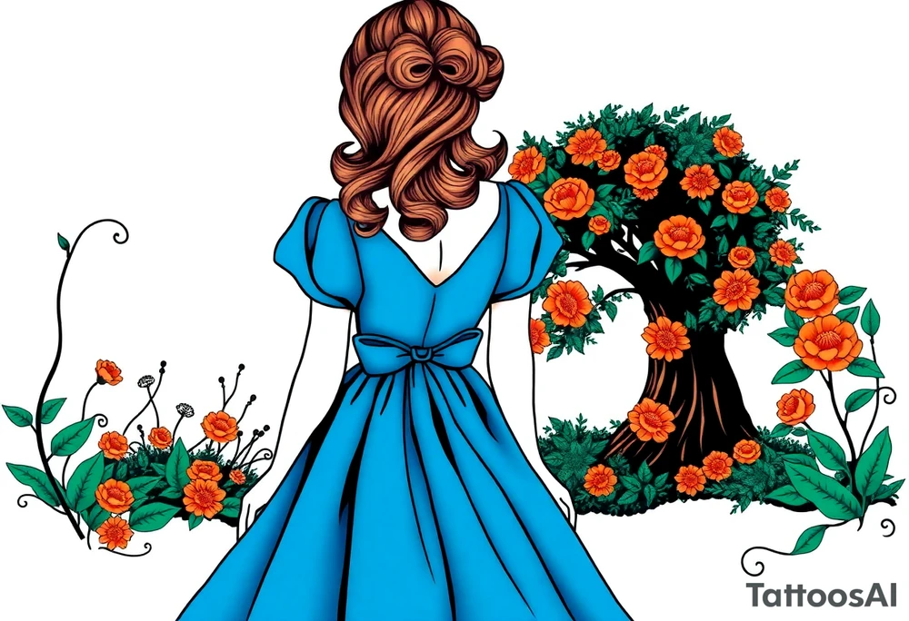 Alice (from Alice in wonderland) silhouette wearing a blue dress. Perspective from the back. She is entering a garden and seeing an orange tree. tattoo idea