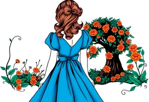 Alice (from Alice in wonderland) silhouette wearing a blue dress. Perspective from the back. She is entering a garden and seeing an orange tree. tattoo idea