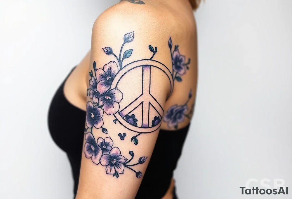 peace symbol intertwined with violets Pisces symbol, dog prints, amethyst, initials csb in cursive font tattoo idea