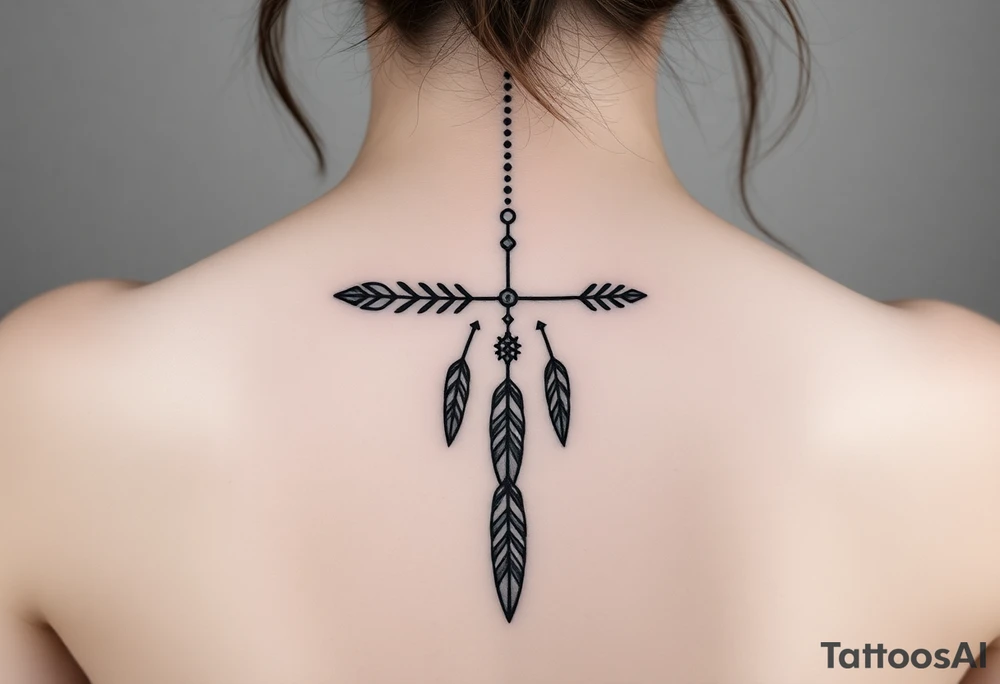 Thin spinal tattoo following down the spine in a native style with multiple different lengths flowing lines made of a discreet connection of morse code ".--- .- --.     .-.. ... -.- .- .-.   -.. .. --.     .-.. .. .-.. .-.. . -... .-. --- .-. forming an arrow connected to flowing feathers hanging from the morse code lines tattoo idea