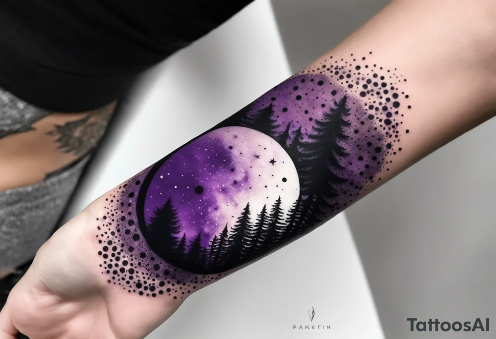 forest, abstract, on hand, no people, purple and black, full, whole wrist wrapped tattoo idea
