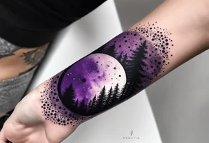 forest, abstract, on hand, no people, purple and black, full, whole wrist wrapped tattoo idea