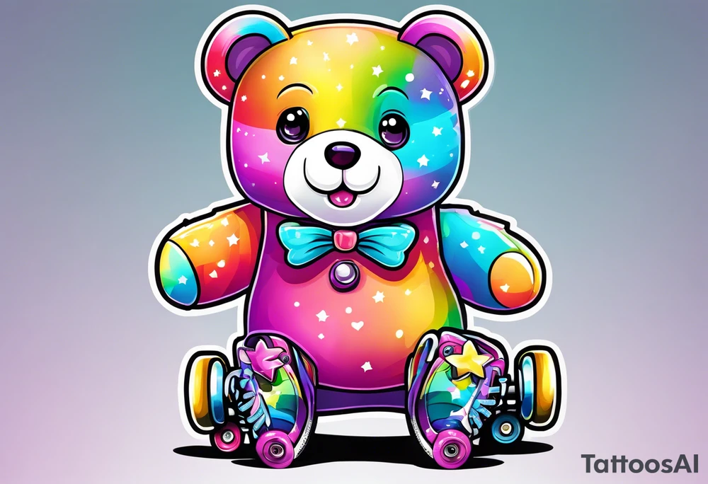 a teddy bear, wearing cute, pastel rainbow roller skates tattoo idea