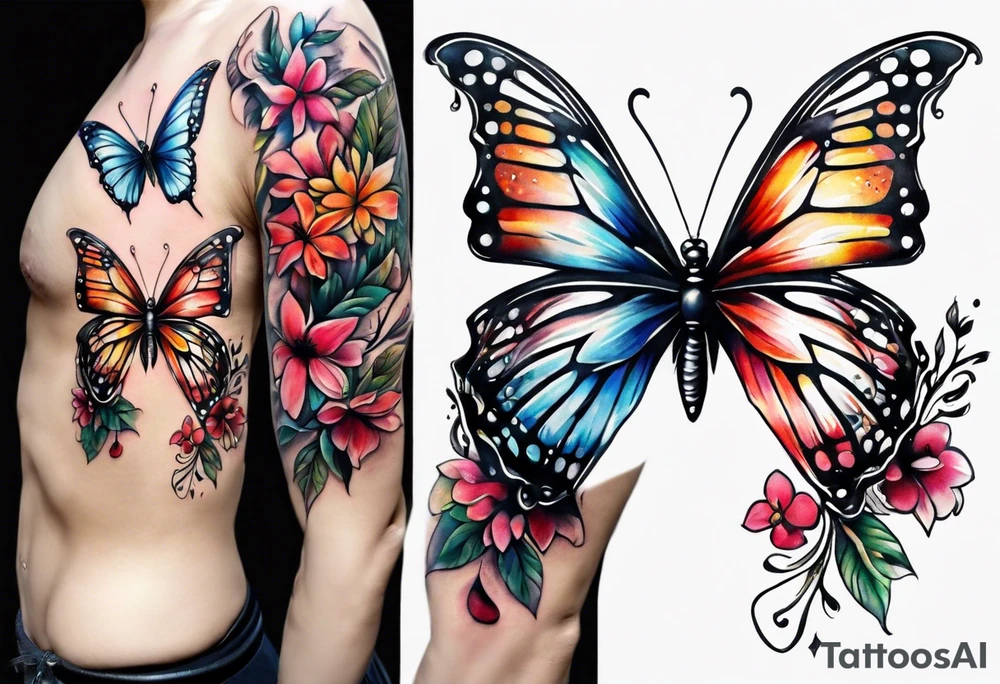 Butterfly and flowers, spine tattoo cover up tattoo idea