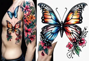 Butterfly and flowers, spine tattoo cover up tattoo idea