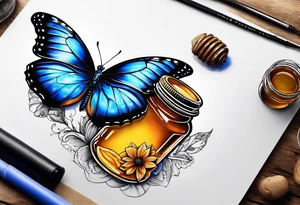 Blue morpho butterfly with a glass jar of honey tattoo idea
