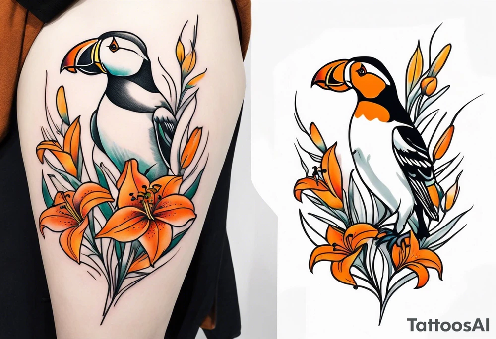 puffin tiger lily flowers vertical calf tattoo tattoo idea