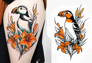 puffin tiger lily flowers vertical calf tattoo tattoo idea