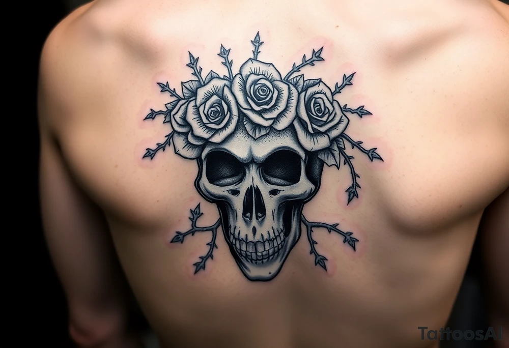 ornate skull adorned with crown of wild roses and thorns tattoo idea