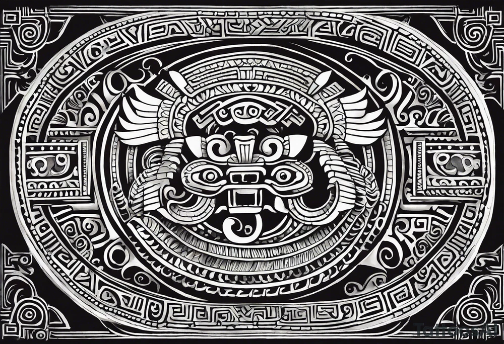 Create a right chest tattoo of Quetzalcoatl based on the original depiction discovered in the Pyramid of the Sun at Teotihuacan. Use the ancient feathered serpent form, with Quetzalcoatl's body coiling in a strong, fluid motion across the chest. Maintain the authenticity of the Teotihuacan style, with bold, angular geometric patterns and intricate detailing in the scales and feathers. The face should feature a traditional Mesoamerican headdress and mask, with the god's fierce, regal expression preserved. Make the eyes intense and striking, with sharp fangs protruding. Use black and gray shading to give the design depth, keeping the ancient stone carving aesthetic, but add subtle modern touches to enhance the masculine and powerful feel. Incorporate authentic Aztec motifs around the serpent, like the sun and stepped pyramids, as part of the chest piece to anchor the design in its historical context tattoo idea