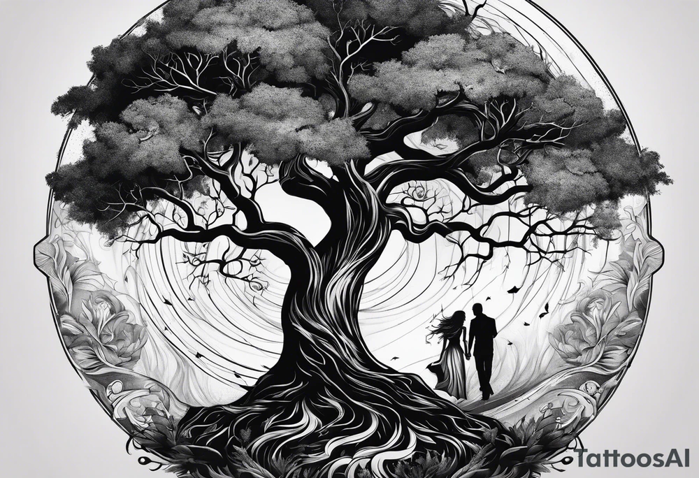 Andrea Rogge art tattoo, where two people are the roots and overflow into a tree, round tattoo tattoo idea