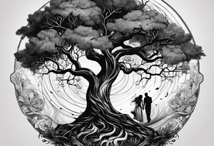 Andrea Rogge art tattoo, where two people are the roots and overflow into a tree, round tattoo tattoo idea