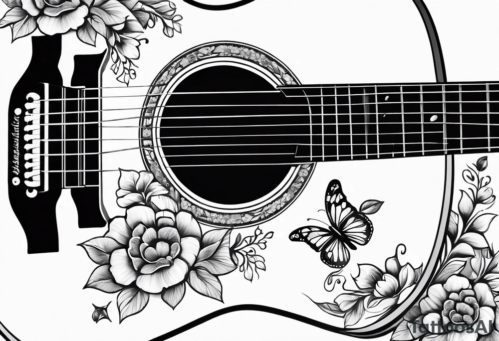 Whole electric acoustic Guitar with flowers growing off the side, butterflies tattoo idea