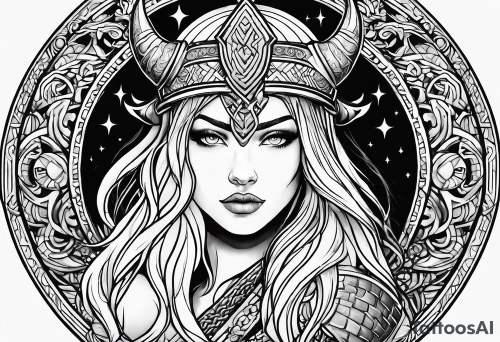 Viking, feminine warrior, bedroom eyes, headshot, princess, round emblem, moon goddess, Gaia tattoo idea