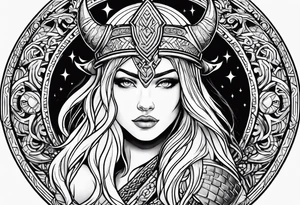 Viking, feminine warrior, bedroom eyes, headshot, princess, round emblem, moon goddess, Gaia tattoo idea