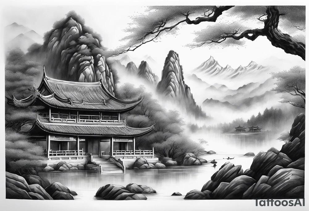 forearm sleeve traditional chinese art painting style autumn mountains mist fog water Chinese temple female with pony tail wearing robes meditating in the distance tattoo idea