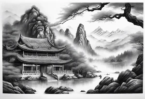 forearm sleeve traditional chinese art painting style autumn mountains mist fog water Chinese temple female with pony tail wearing robes meditating in the distance tattoo idea